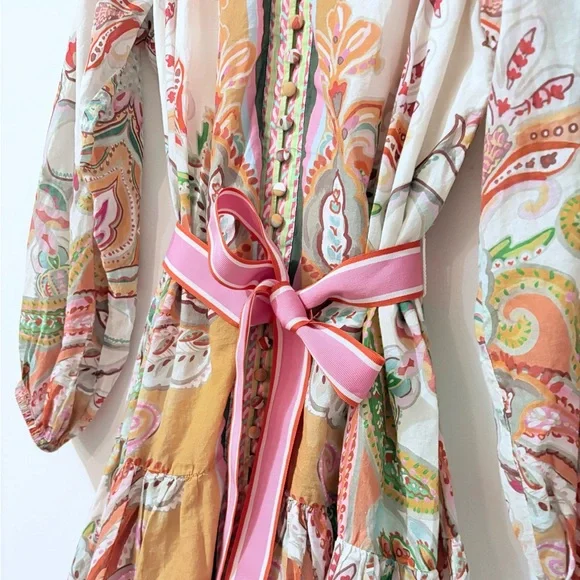 ANTONIO MELANI Brynn Ruffle Hem Floral Print Pintuck Dress Pink Belt 6 - Picture 5 of 10